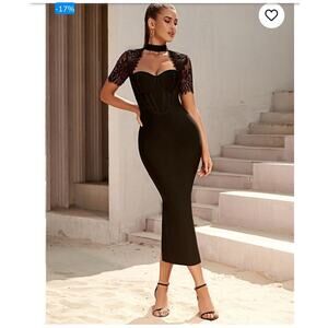 Sexy Black Bodycon Midi Bandage Style Stretchy Dress Size S Lace Sleeve Bustier